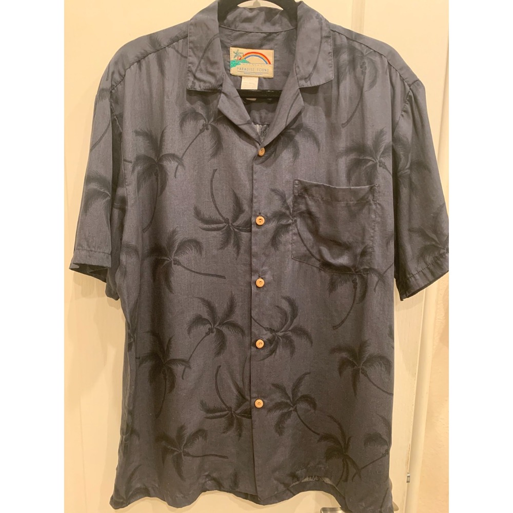 Vintage Paradise Found Men's Dark Grey Palm Tree‎ Hawaiian Shirt Button Up Sz M
